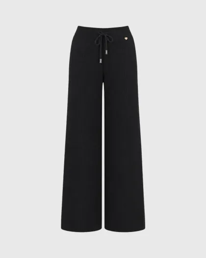 Edith pletene wide leg pantalone s vezicom i šavom niz nogavice, crne