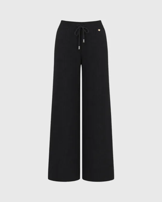 Edith pletene wide leg pantalone s vezicom i šavom niz nogavice, crne