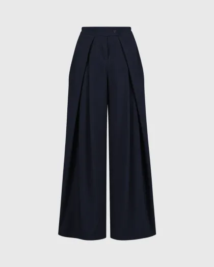 Duge wide leg pantalone Francesca s prednjim faltama, tamno plave