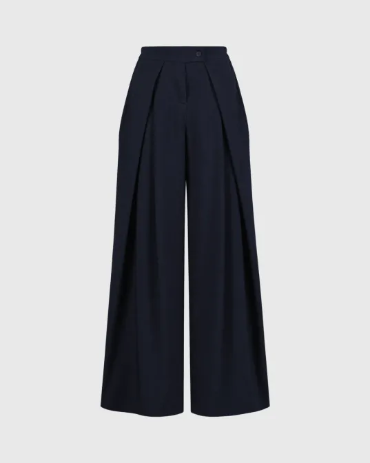 Duge wide leg pantalone Francesca s prednjim faltama, tamno plave