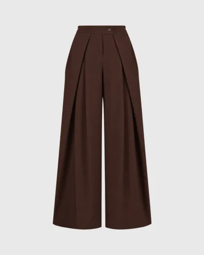 Francesca wide leg pantalone visokog struka s faltama, tamno smeđe