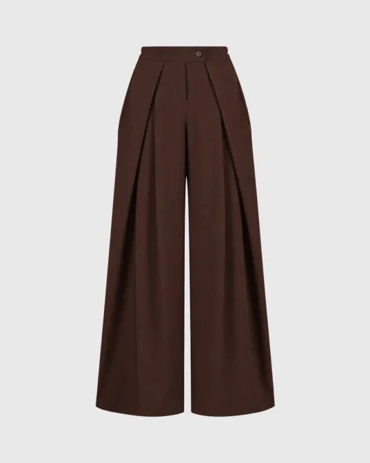 Francesca wide leg pantalone visokog struka s faltama, tamno smeđe