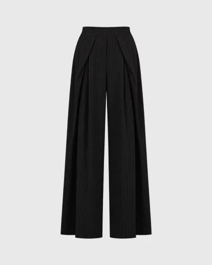 Beatrice prugaste wide leg pantalone s prednjim faltama, crne