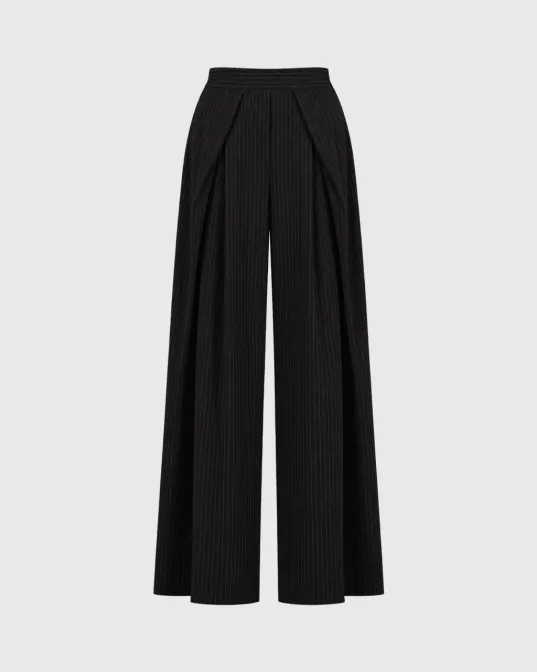 Beatrice prugaste wide leg pantalone s prednjim faltama, crne