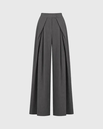 Prugaste pantalone Beatrice sa širokim nogavicama, tamno sive