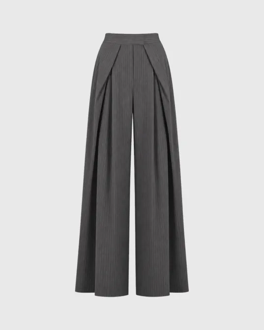 Prugaste pantalone Beatrice sa širokim nogavicama, tamno sive