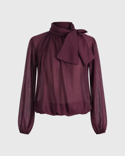 Bluza s mašnom Juliette, balon rukavima i elastičnim rubom u struku, ljubičasta