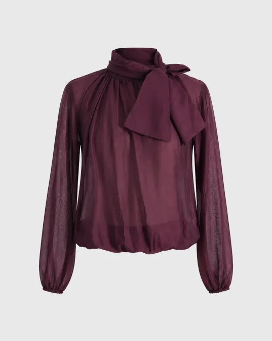 Bluza s mašnom Juliette, balon rukavima i elastičnim rubom u struku, ljubičasta