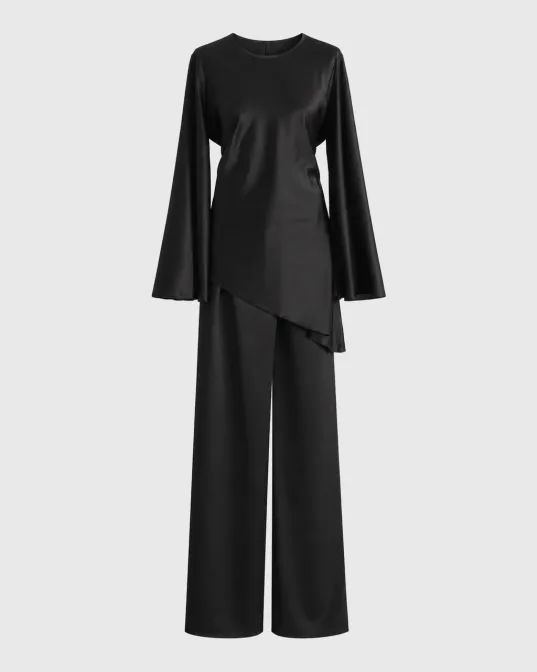 Ottavia satenski komplet s asimetričnom tunikom i wide leg pantalonama, crni