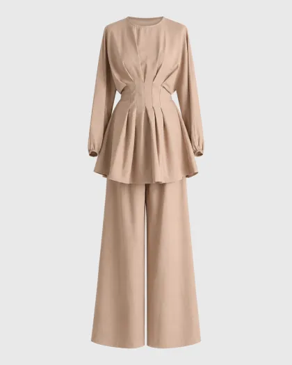 Solange komplet s tunikom nabranom u struku i wide leg pantalonama, bež