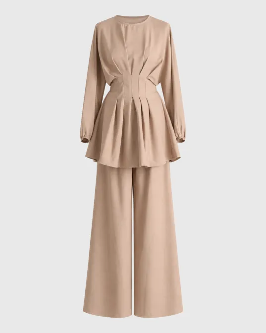 Solange komplet s tunikom nabranom u struku i wide leg pantalonama, bež
