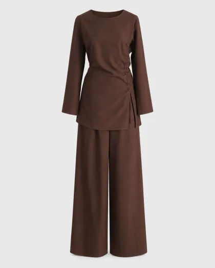 Noemi komplet s tunikom nabranom na boku i wide leg pantalonama, tamno smeđi
