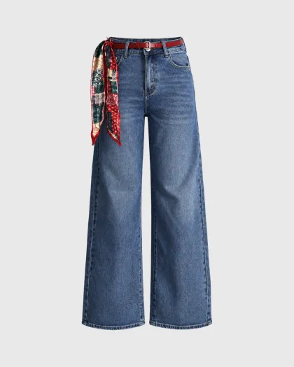 Amalia wide leg farmerke visokog struka s cvjetnom maramom, plave