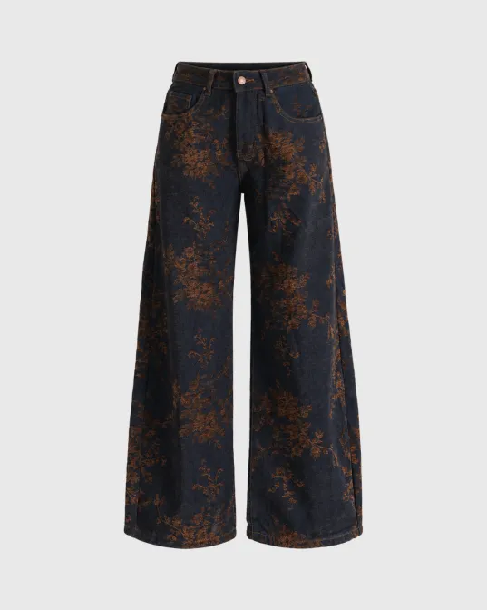 Brina wide leg farmerke s cvjetnim printom po cijeloj nogavici, indigo plave
