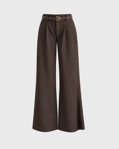 Nora wide leg pantalone visokog struka s faltama i kaišem, smeđe