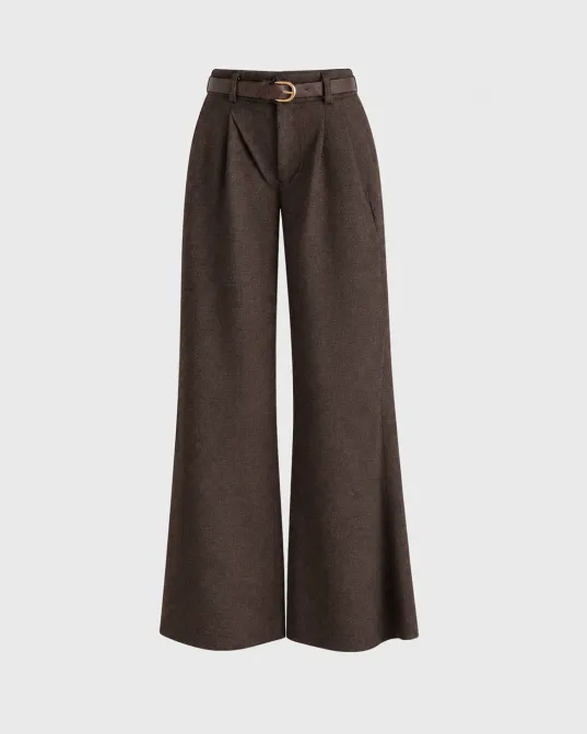 Nora wide leg pantalone visokog struka s faltama i kaišem, smeđe