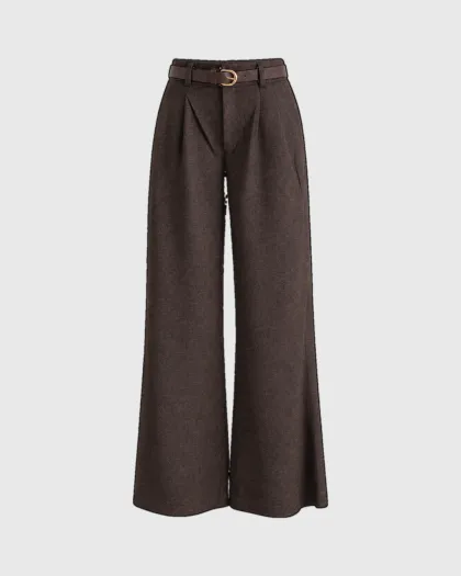 Nora wide leg pantalone visokog struka s faltama i kaišem, smeđe