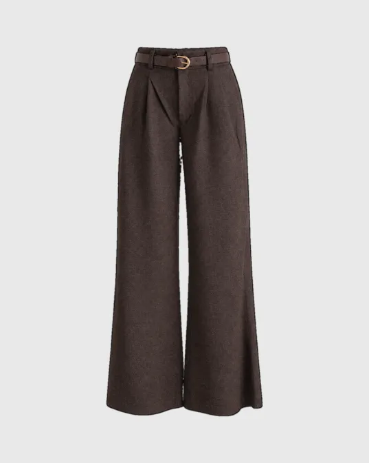 Nora wide leg pantalone visokog struka s faltama i kaišem, smeđe