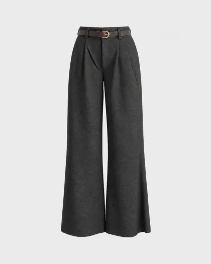 Wide leg pantalone Nora visokog struka s faltama i kaišem, sive