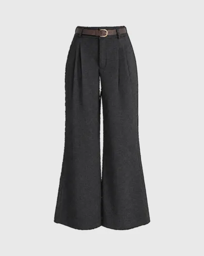 Wide leg pantalone Nora visokog struka s faltama i kaišem, sive