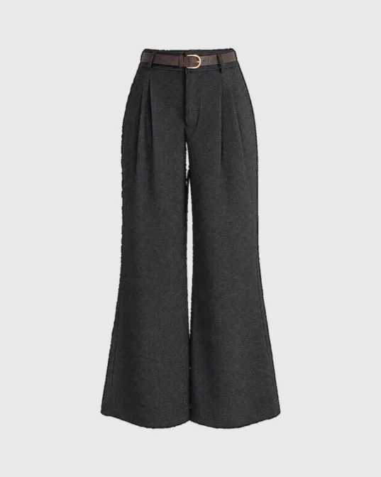 Wide leg pantalone Nora visokog struka s faltama i kaišem, sive
