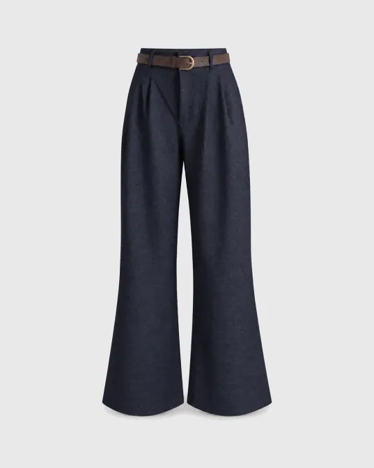 Faltane wide leg pantalone Nora visokog struka s kaišem, indigo plave