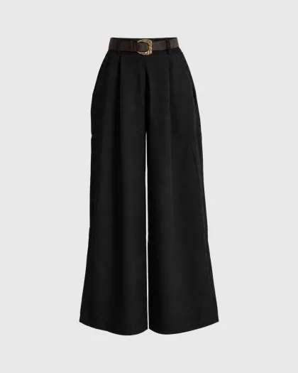 Greta wide leg plisirane pantalone visokog struka s kaišem, crne