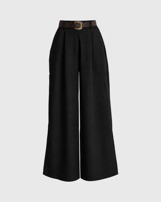 Greta wide leg plisirane pantalone visokog struka s kaišem, crne