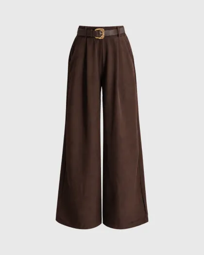 Greta wide leg plisirane pantalone visokog struka s kaišem, smeđe
