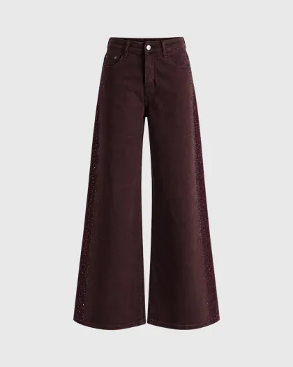 Hedera wide leg farmerke s cirkonima niz oba bočna šava, bordo