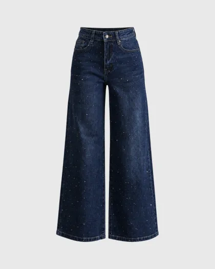 Juno wide leg farmerke s rasutim cirkonima po nogavici, indigo plave