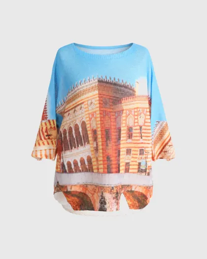 Pletena tunika Vijećnica s printom i čamac izrezom - Bosnae, plava