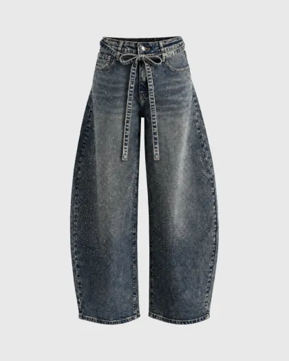 Una barrel leg farmerke prekrivene cirkonima s vezom u struku - No.97, plave