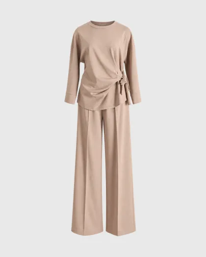 Tunika s čvorom na boku i wide leg pantalone Rosalie, komplet od viskoze, bež