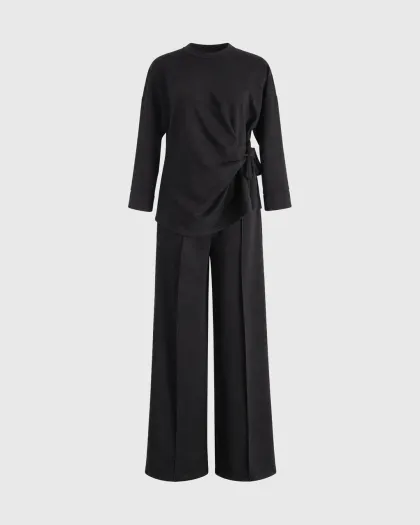 Rosalie komplet s tunikom vezanom u čvor na boku i wide leg pantalonama, crni