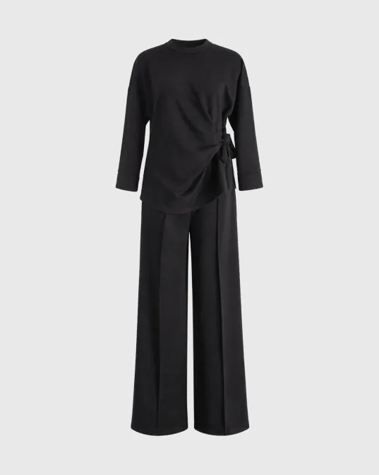 Rosalie komplet s tunikom vezanom u čvor na boku i wide leg pantalonama, crni