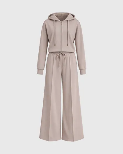 Sloane komplet od duksa s kapuljačom na patent i wide leg pantalona, bež