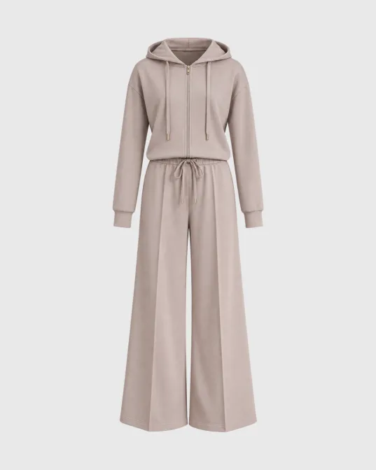 Sloane komplet od duksa s kapuljačom na patent i wide leg pantalona, bež