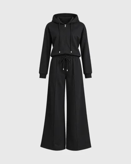 Duks s kapuljačom na patent i wide leg pantalone Sloane, komplet, crni