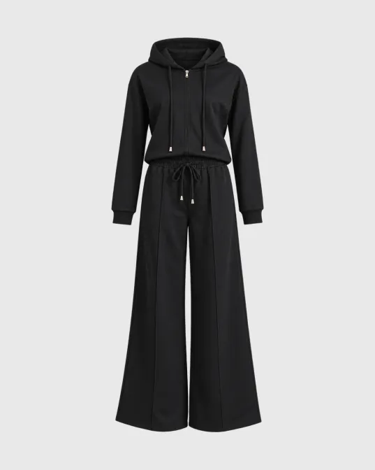 Duks s kapuljačom na patent i wide leg pantalone Sloane, komplet, crni