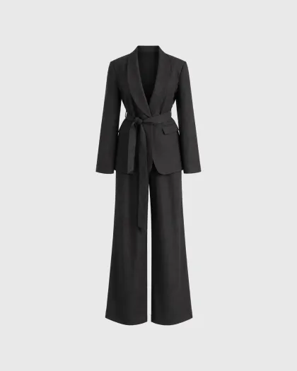 Odijelo Harriet sa šal kragnom, pojasom u struku i wide leg pantalonama, crno