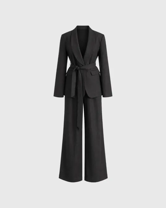 Odijelo Harriet sa šal kragnom, pojasom u struku i wide leg pantalonama, crno