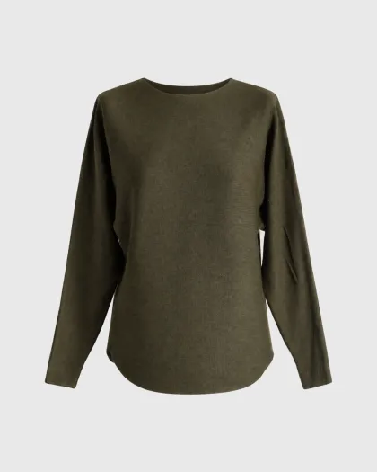 Fleur pleteni džemper sa šišmiš rukavima i zaobljenim rubom, khaki