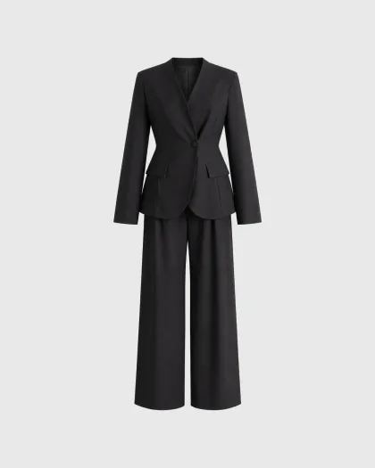 Serena odijelo s blejzerom bez kragne na dugme i wide leg pantalonama, crno
