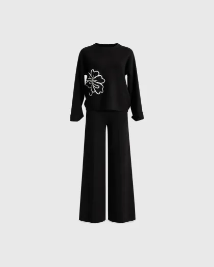 Flavia pleteni komplet s vezenim cvijetom i wide leg pantalonama, crni