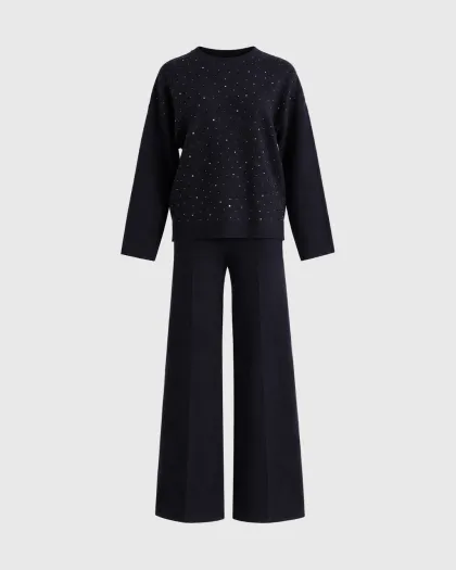 Pleteni komplet Allegra, džemper s kristalima i wide leg pantalone, tamno plavi
