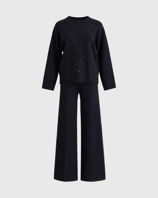 Pleteni komplet Allegra, džemper s kristalima i wide leg pantalone, tamno plavi
