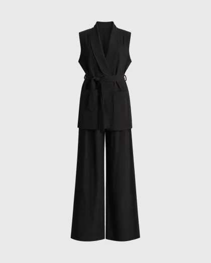 Bianca komplet od dugog prsluka s pojasom i wide leg pantalona, crni