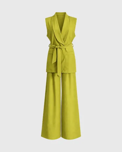 Dugi prsluk sa šal kragnom i wide leg pantalone Bianca, komplet, khaki
