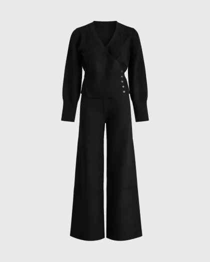 Aurore komplet s gornjim dijelom na preklop i wide leg pantalonama - No.97, crni